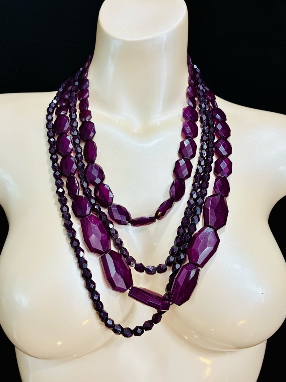Multi-Strand Deep Purple Grape Faceted Acrylic Beaded Statement Necklace EUC